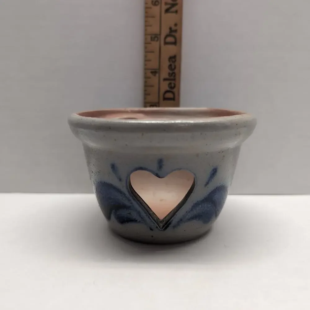 Rowe Pottery Works Heart Cutout Candle Crock Holder Votive Salt Glaze Folk Art